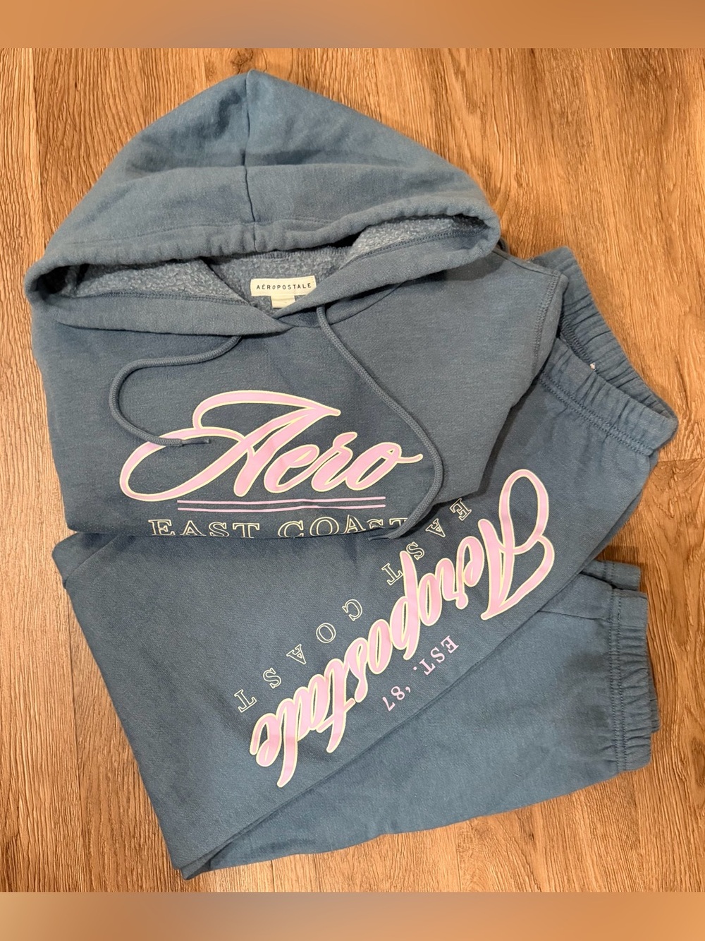 Aéropostale Set - Blue Hoodie & Sweatpants, East Coast Pink Logo